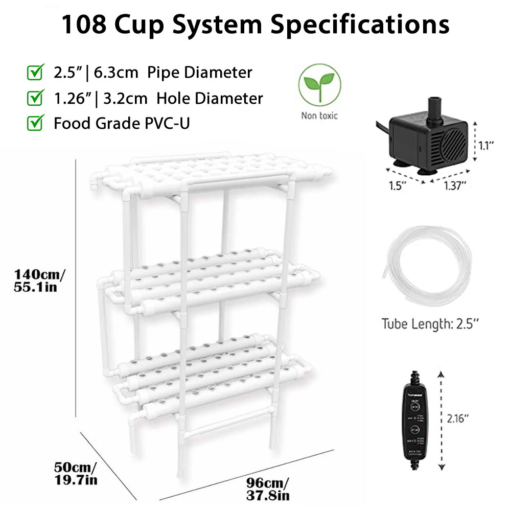 108 Cup NFT Hydroponics Kit dimensions and specifications