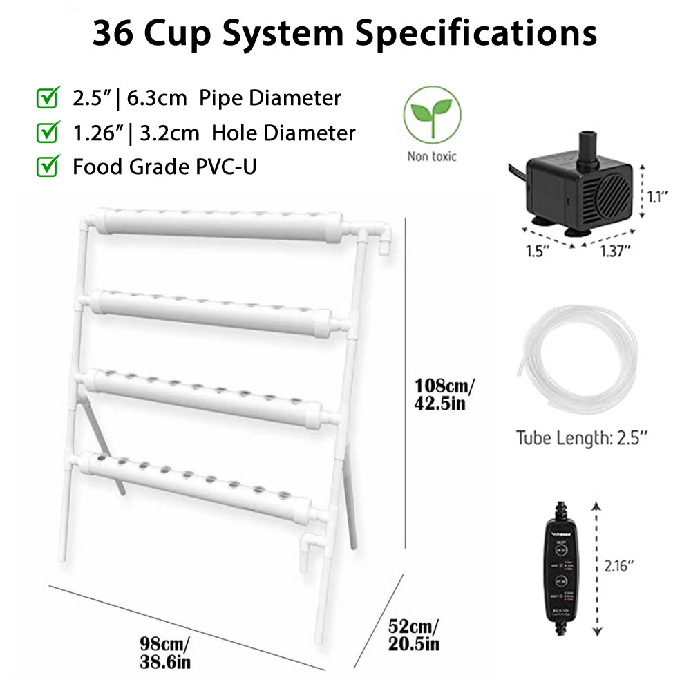 36 Cup Hydroponic Kit dimensions and specifications